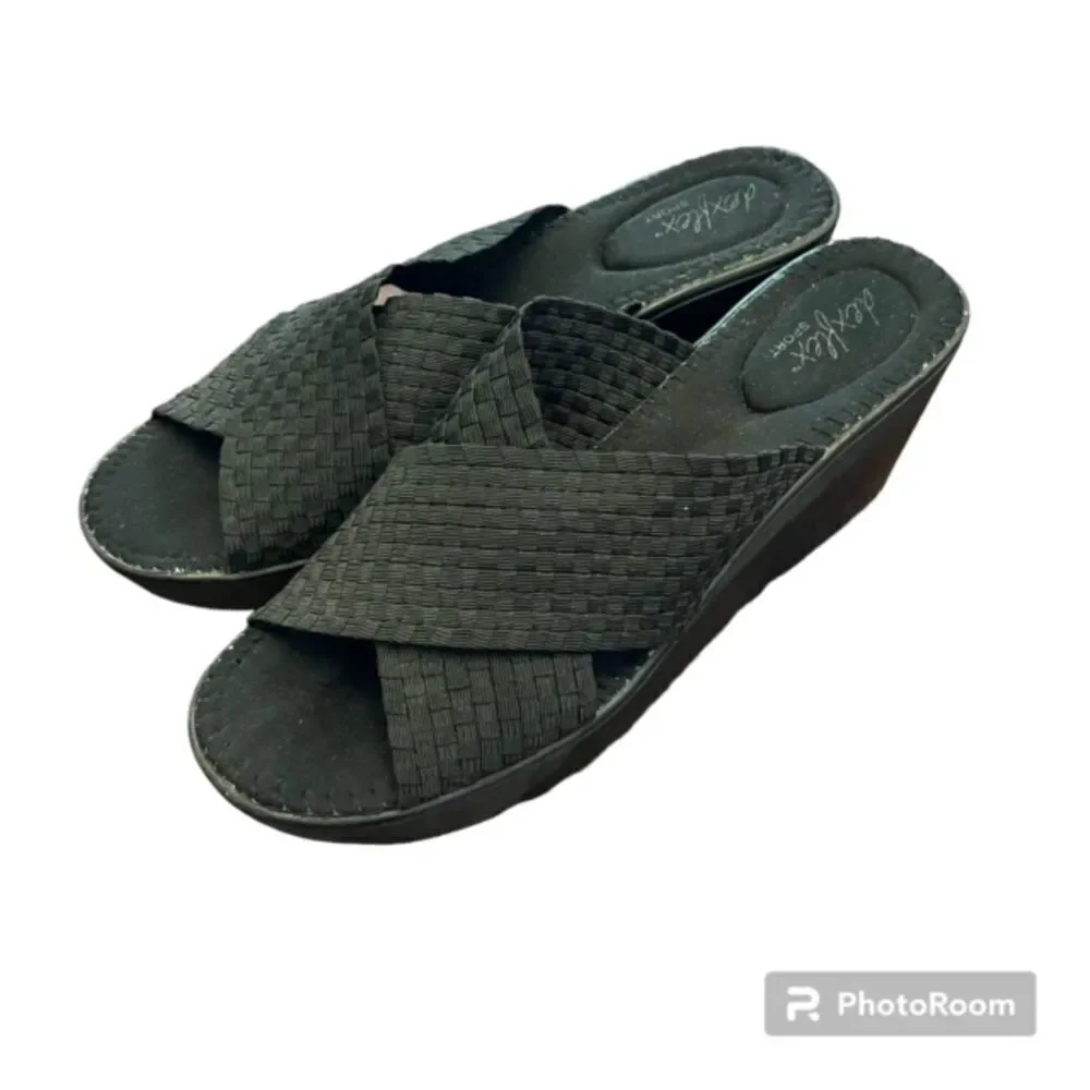 Dexflex Sport Wind Vent Wedge Sandals Woven Criss Cross Straps Black Size 10‎